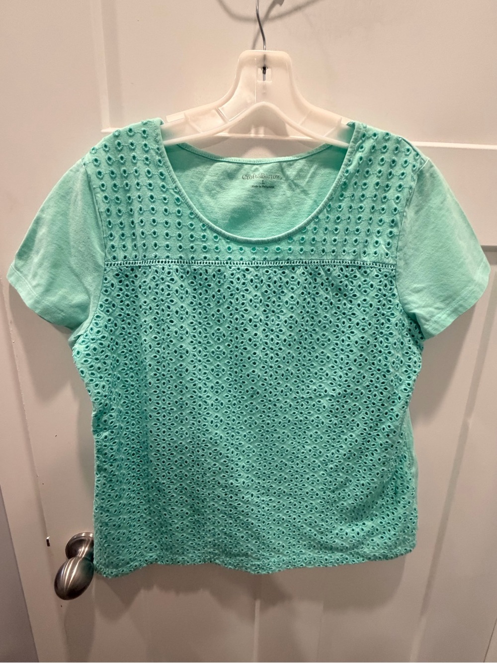 Croft & Barrow Mint Eyelet Lace Front Women’s Large Short Sleeve Cotton Blend